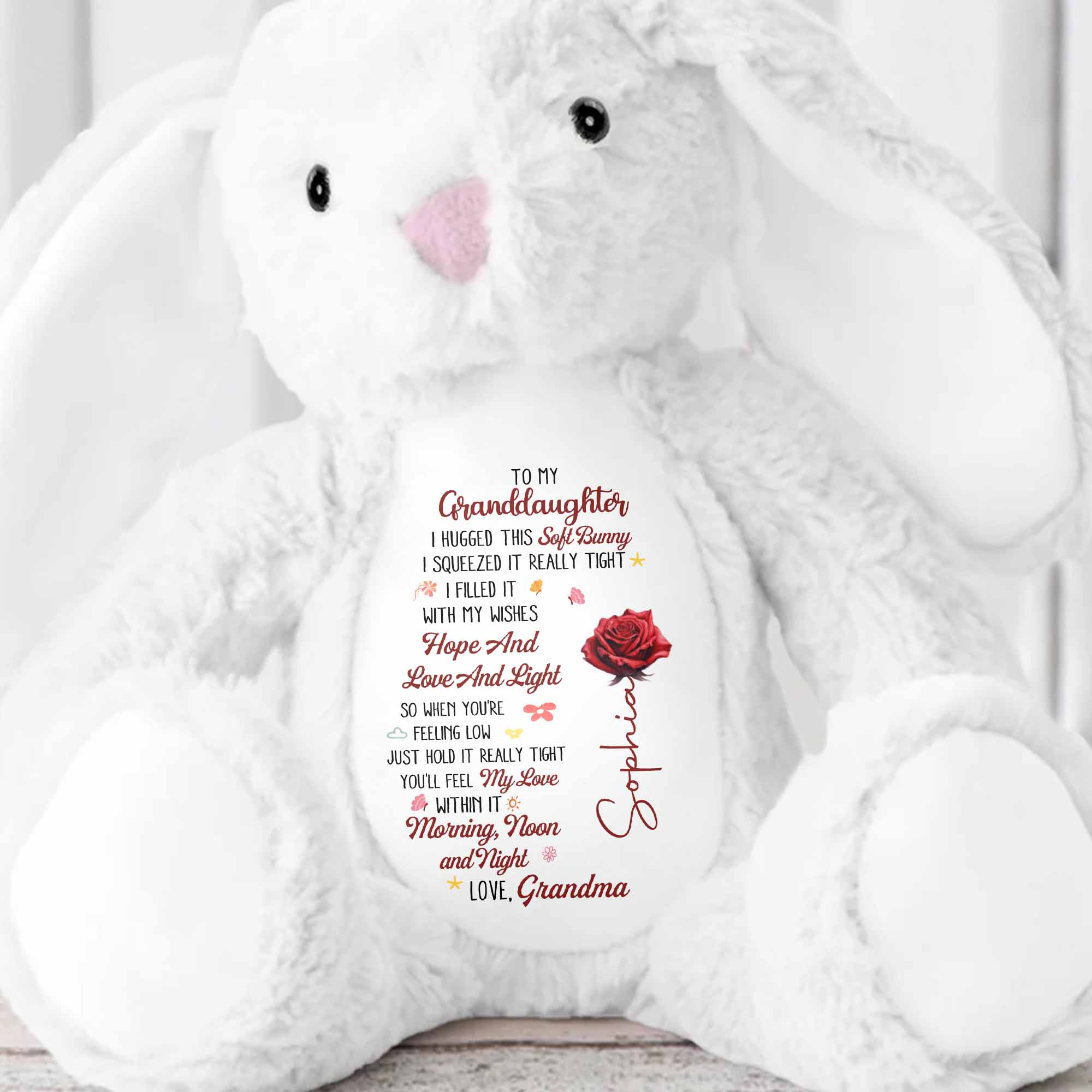 To My Granddaughter I Hugged This Soft Bunny With Red Rose - Personalized Stuffed Bunny - GDT626_BUN