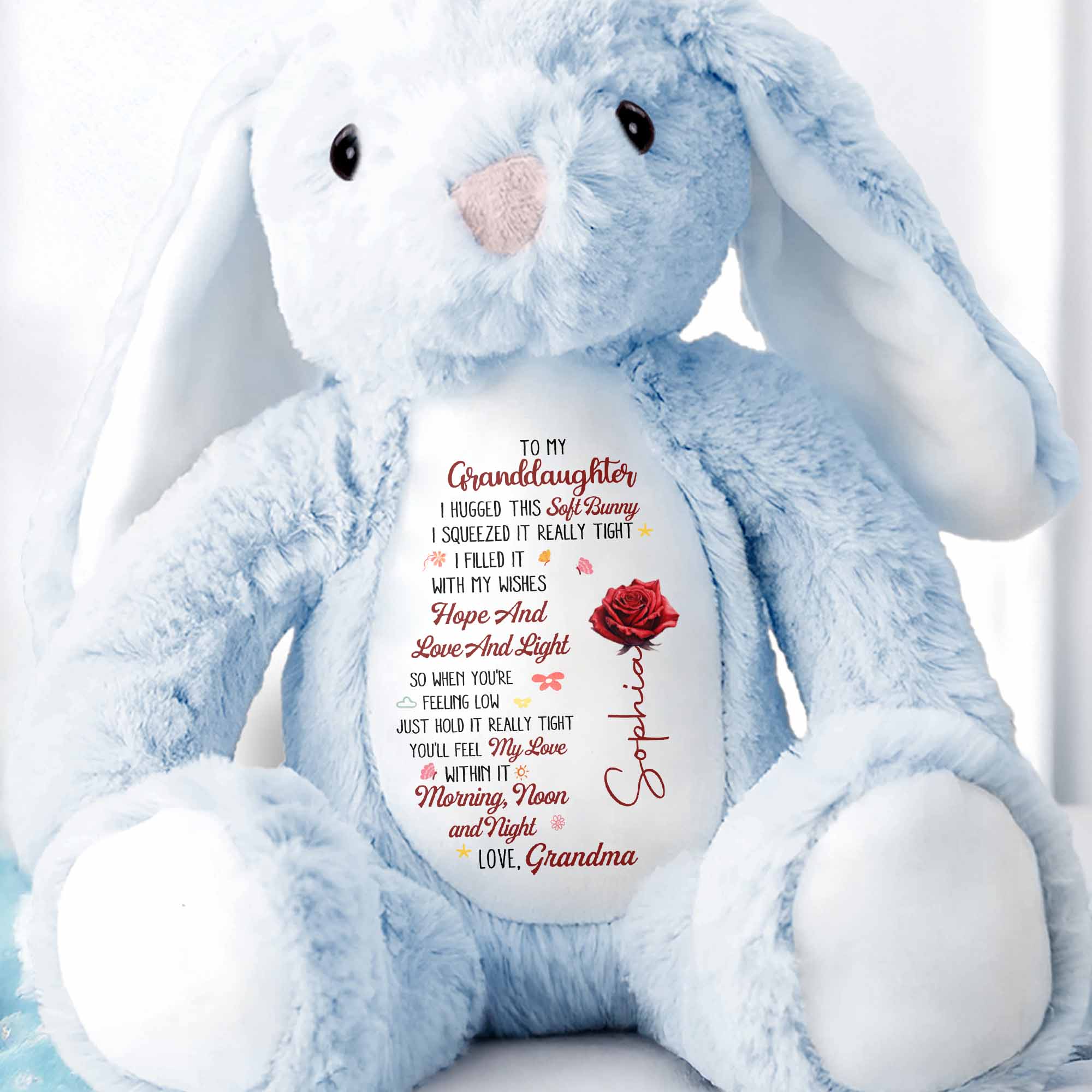 To My Granddaughter I Hugged This Soft Bunny With Red Rose - Personalized Stuffed Bunny - GDT626_BUN