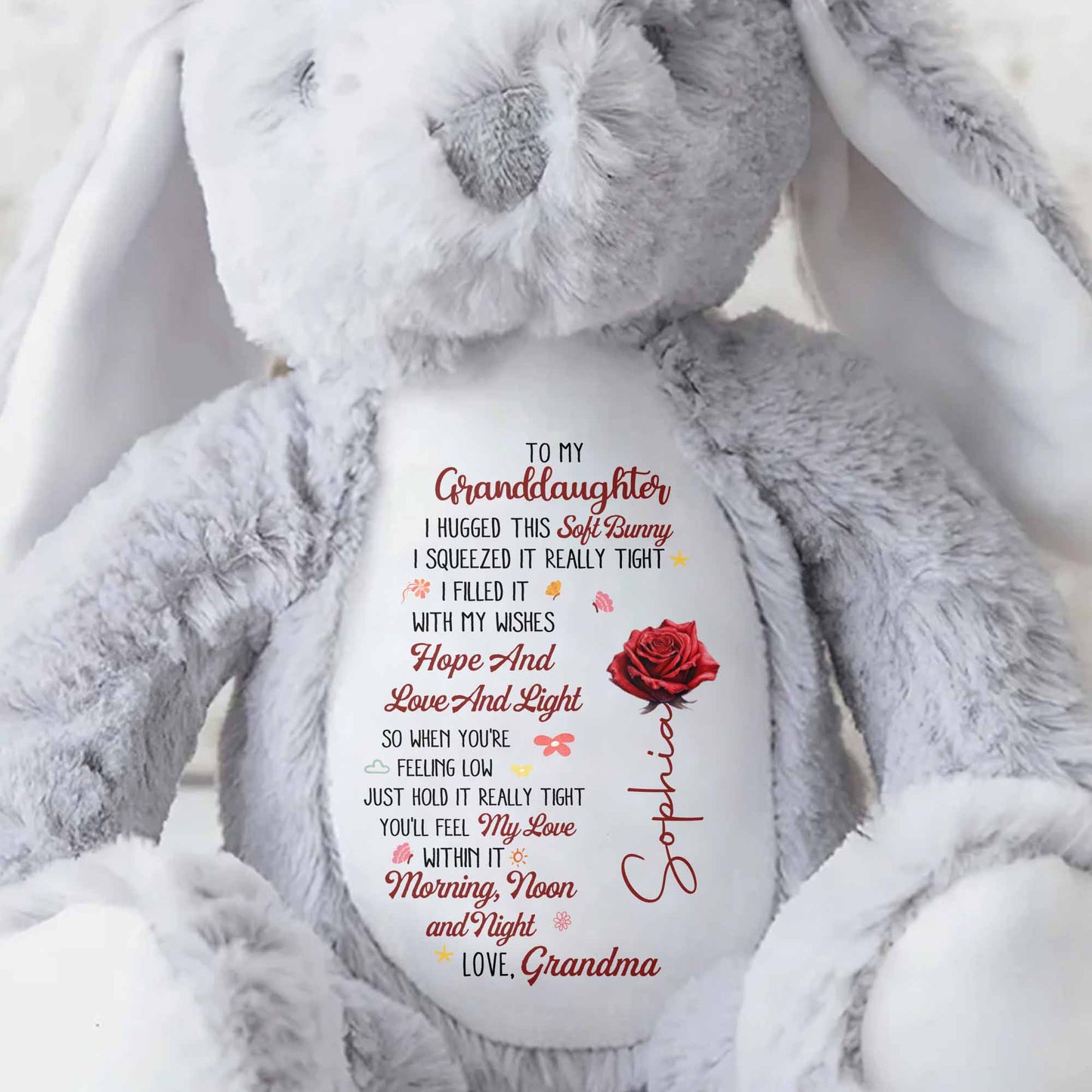 To My Granddaughter I Hugged This Soft Bunny With Red Rose - Personalized Stuffed Bunny - GDT626_BUN