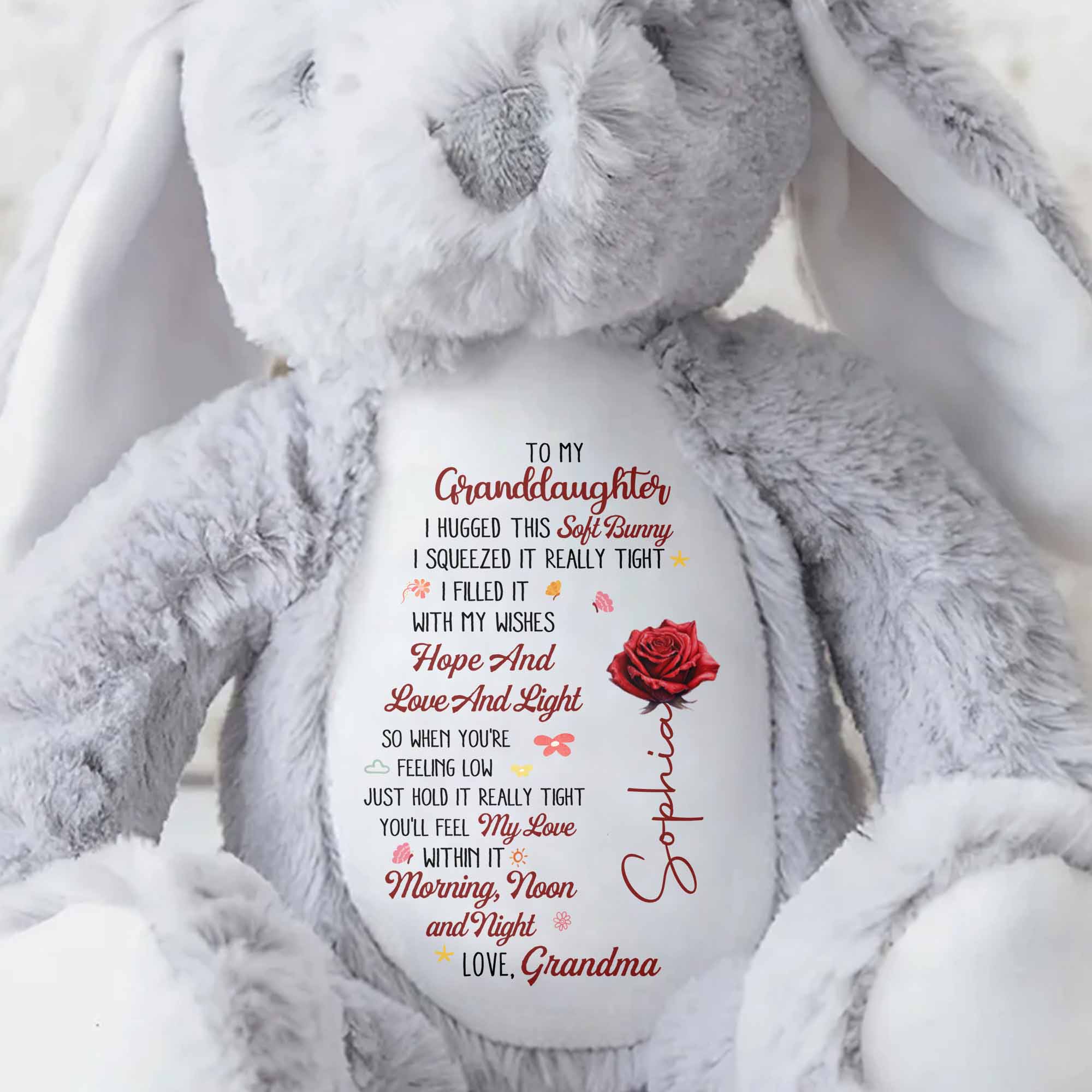 To My Granddaughter I Hugged This Soft Bunny With Red Rose - Personalized Stuffed Bunny - GDT626_BUN