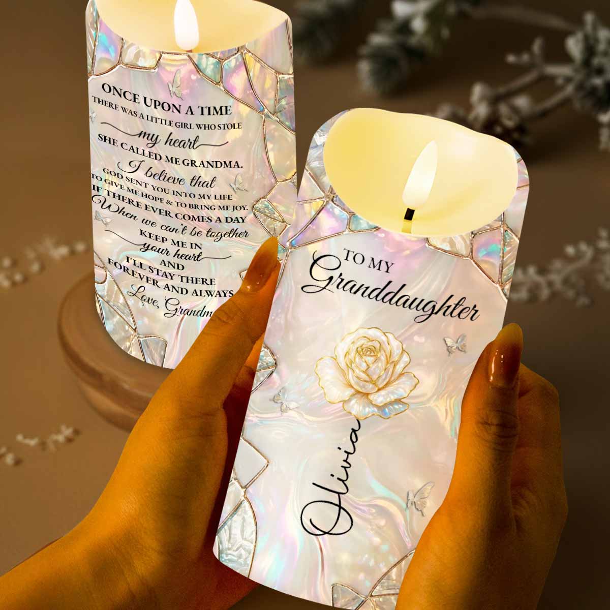 To My Granddaughter Once Upon A Time Lotus Flower Stained Glass - Personalized Custom LED Candle - GDT630_LECA