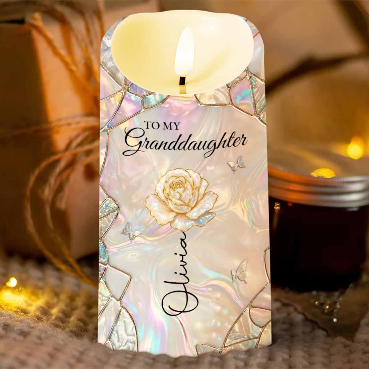 To My Granddaughter Once Upon A Time Lotus Flower Stained Glass - Personalized Custom LED Candle - GDT630_LECA