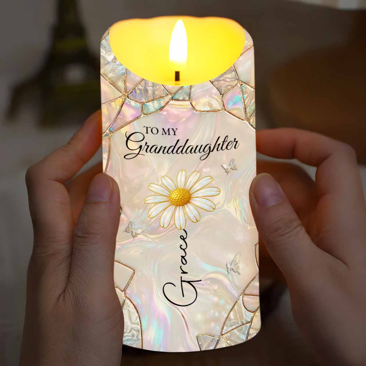 To My Granddaughter Once Upon A Time Lotus Flower Stained Glass - Personalized Custom LED Candle - GDT630_LECA