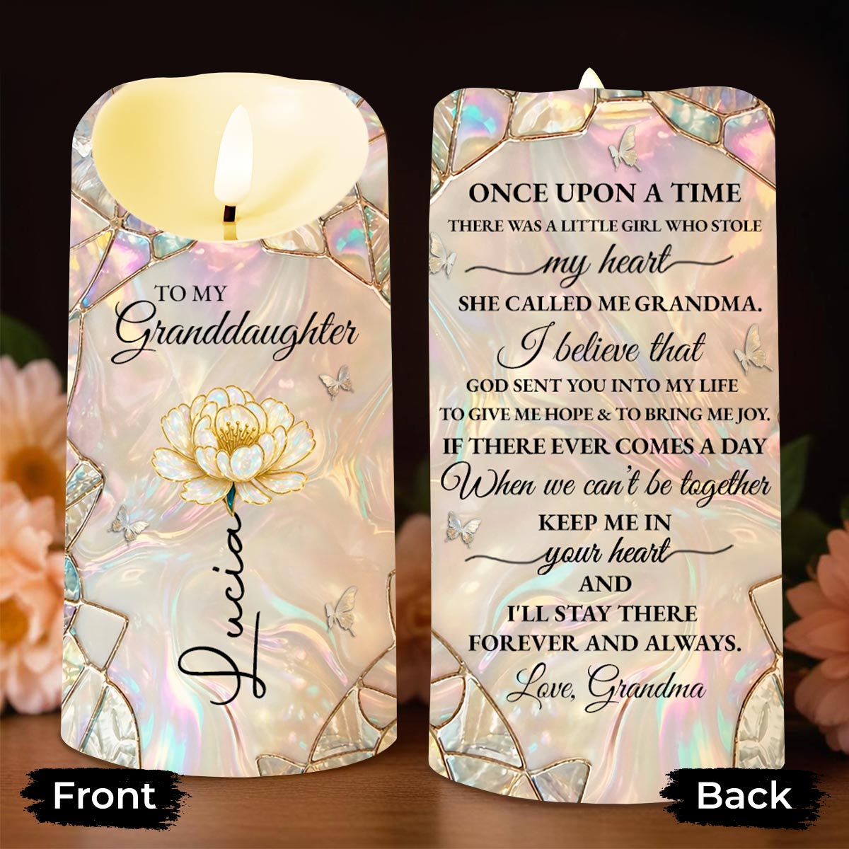 To My Granddaughter Once Upon A Time Lotus Flower Stained Glass - Personalized Custom LED Candle - GDT630_LECA