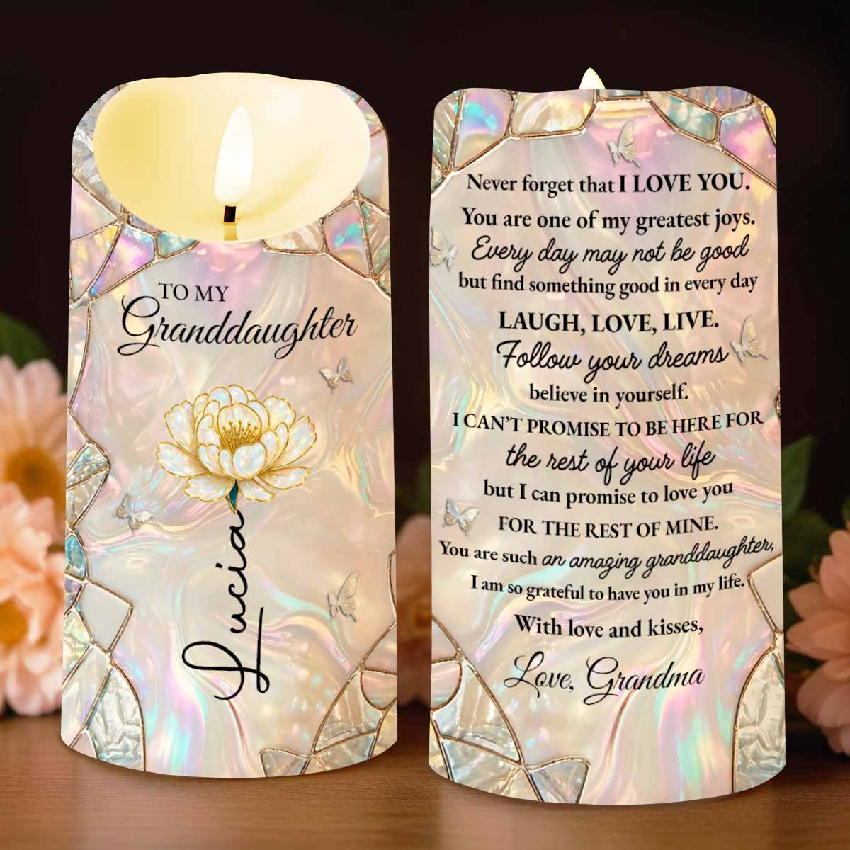 To My Granddaughter Never Forget That I Love You Flower Butterflies Candle - Personalized Custom LED Candle - GDT632_LECA