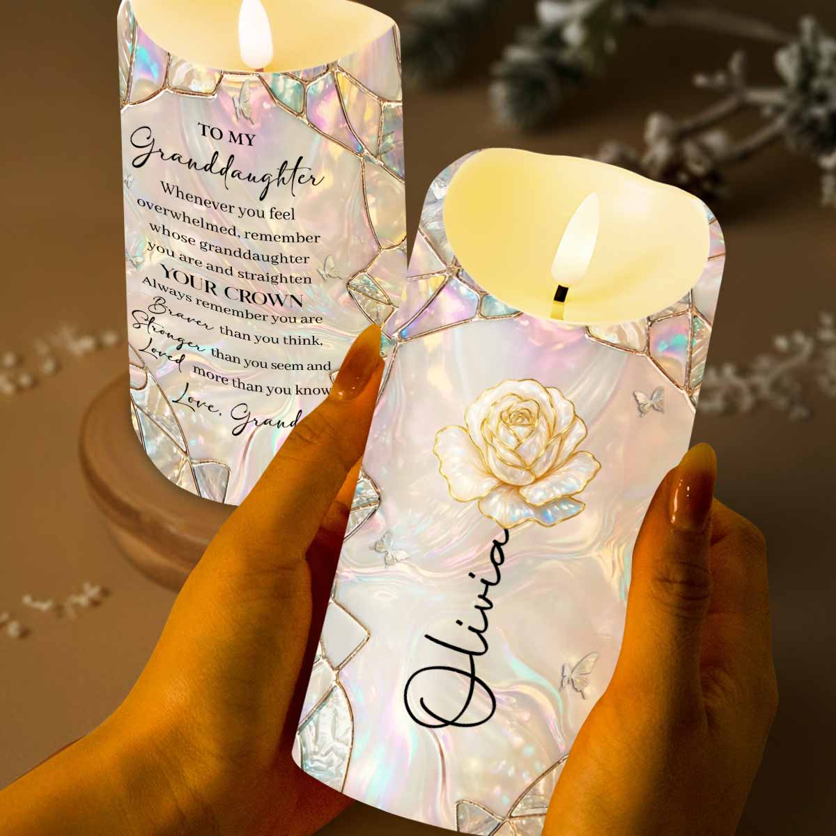 To My Granddaughter Whenever You Feel Overwhelmed Straighten Your Crown Flower Butterfly - Personalized Custom LED Candle - GDT633_LECA