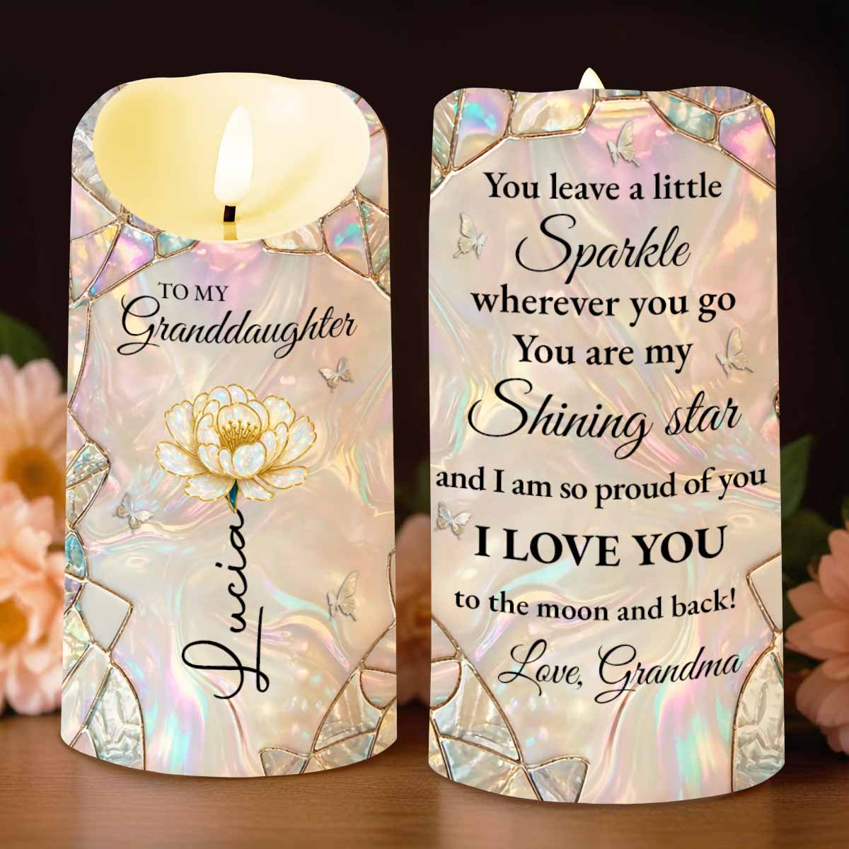 To My Granddaughter You Leave A Little Sparkle Flower And Butterfly - Personalized Custom LED Candle - GDT634_LECA