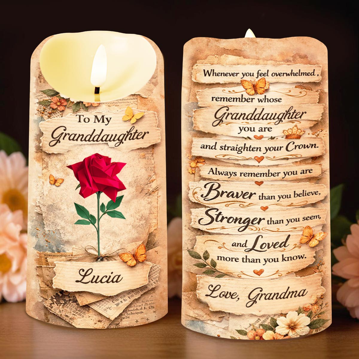 To My Granddaughter Straighten Your Crown Red Rose Butterfly Candle - Personalized Custom LED Candle - GDT635_LECA