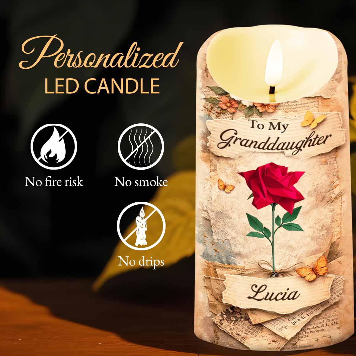 To My Granddaughter Straighten Your Crown Red Rose Butterfly Candle - Personalized Custom LED Candle - GDT635_LECA