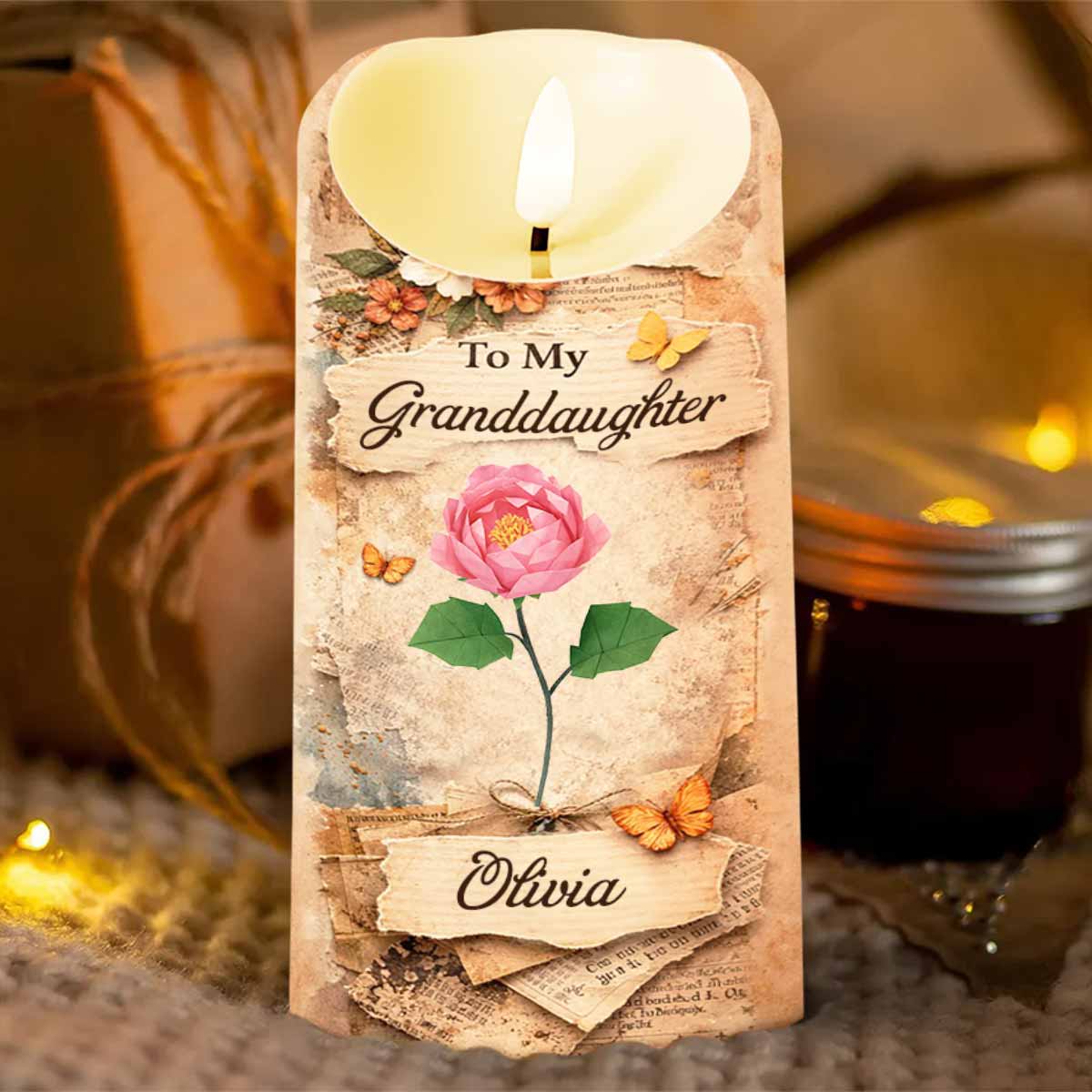 To My Granddaughter Straighten Your Crown Red Rose Butterfly Candle - Personalized Custom LED Candle - GDT635_LECA