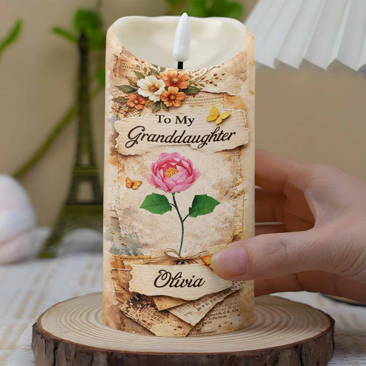To My Granddaughter Straighten Your Crown Red Rose Butterfly Candle - Personalized Custom LED Candle - GDT635_LECA