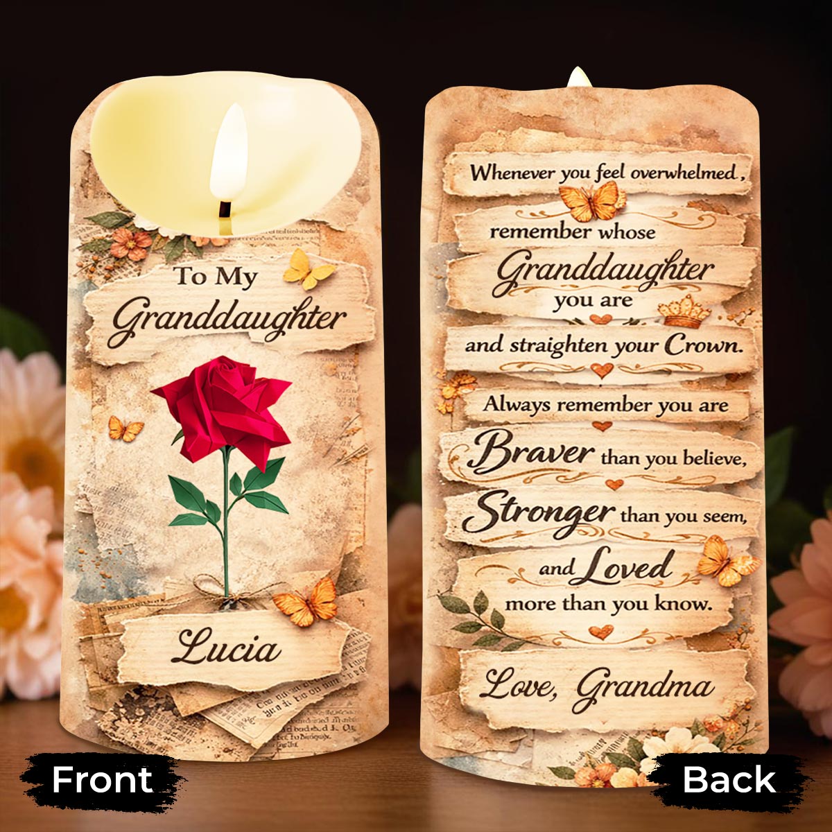 To My Granddaughter Straighten Your Crown Red Rose Butterfly Candle - Personalized Custom LED Candle - GDT635_LECA