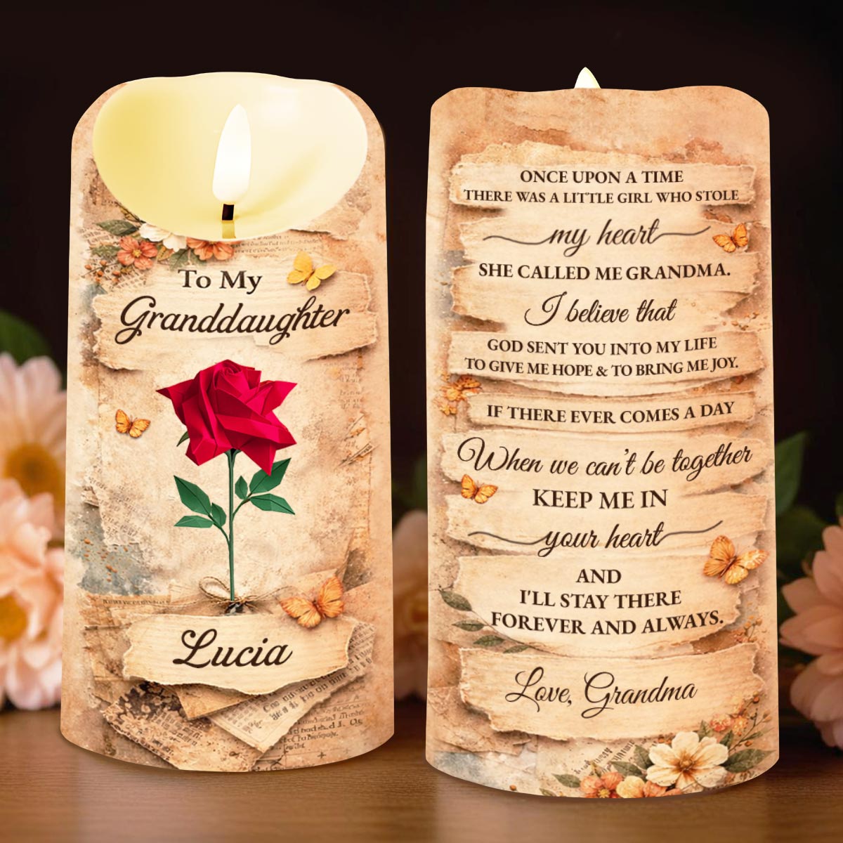 To My Granddaughter Once Upon A Time Rose And Butterfly Candle - Personalized Custom LED Candle - GDT636_LECA