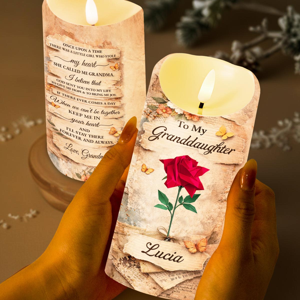 To My Granddaughter Once Upon A Time Rose And Butterfly Candle - Personalized Custom LED Candle - GDT636_LECA