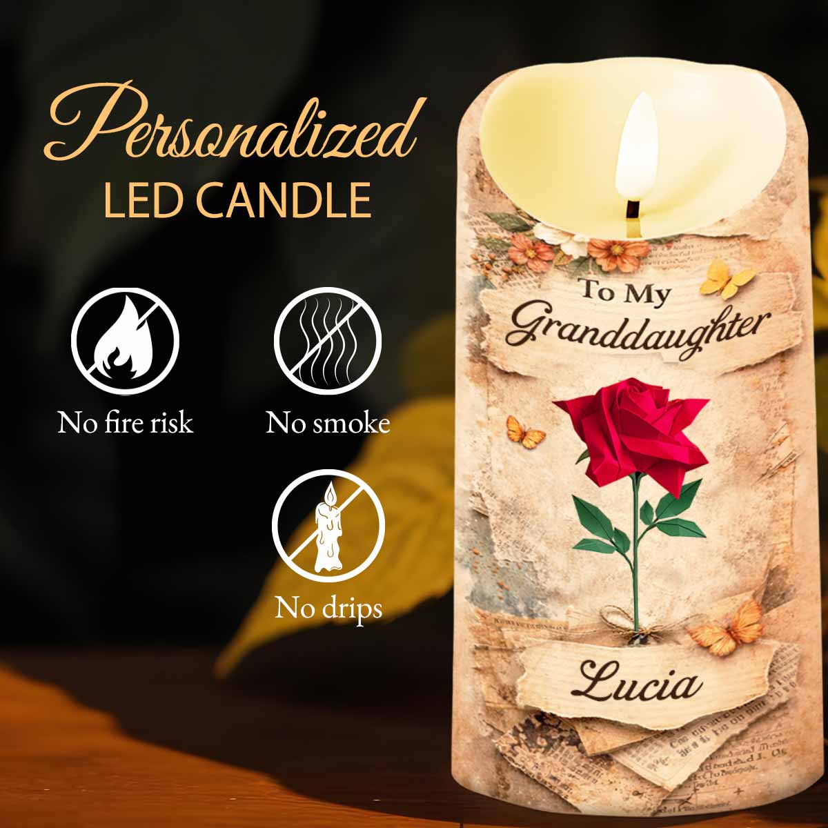 To My Granddaughter Once Upon A Time Rose And Butterfly Candle - Personalized Custom LED Candle - GDT636_LECA