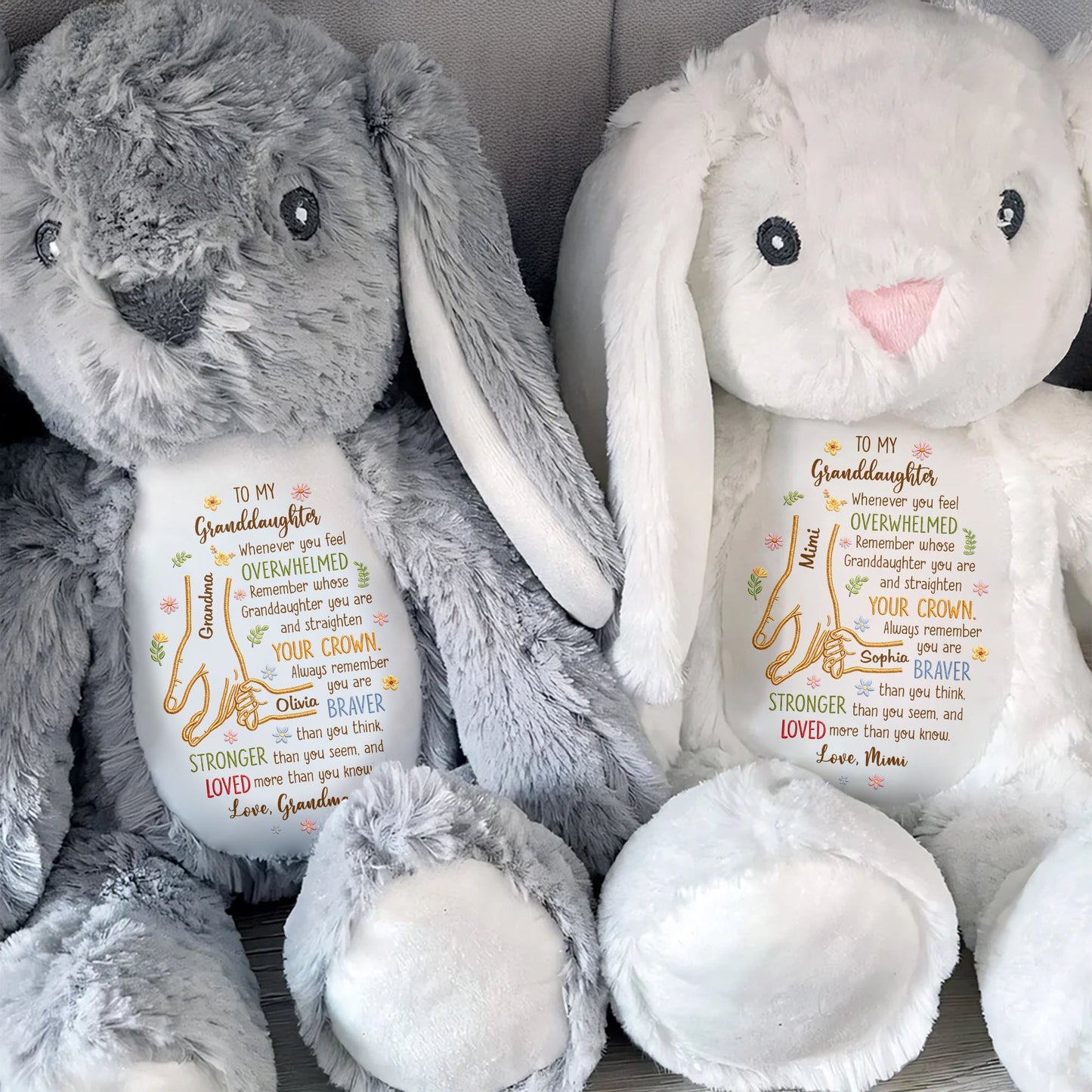 To My Granddaughter Whenever You Feel Overwhelmed Holding Hands Flowers - Personalized Stuffed Bunny - GDT637_BUN