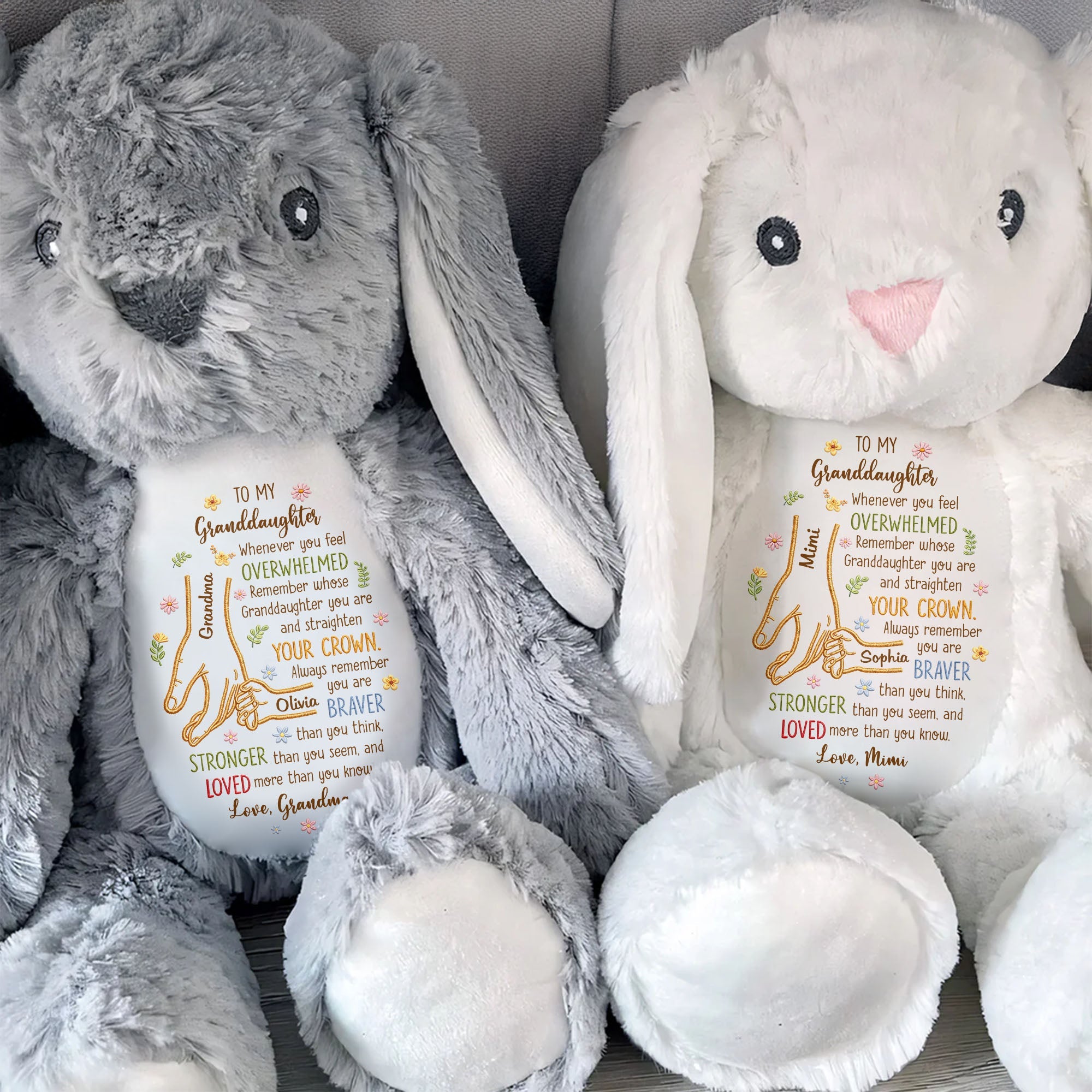 To My Granddaughter Whenever You Feel Overwhelmed Holding Hands Flowers - Personalized Stuffed Bunny - GDT637_BUN