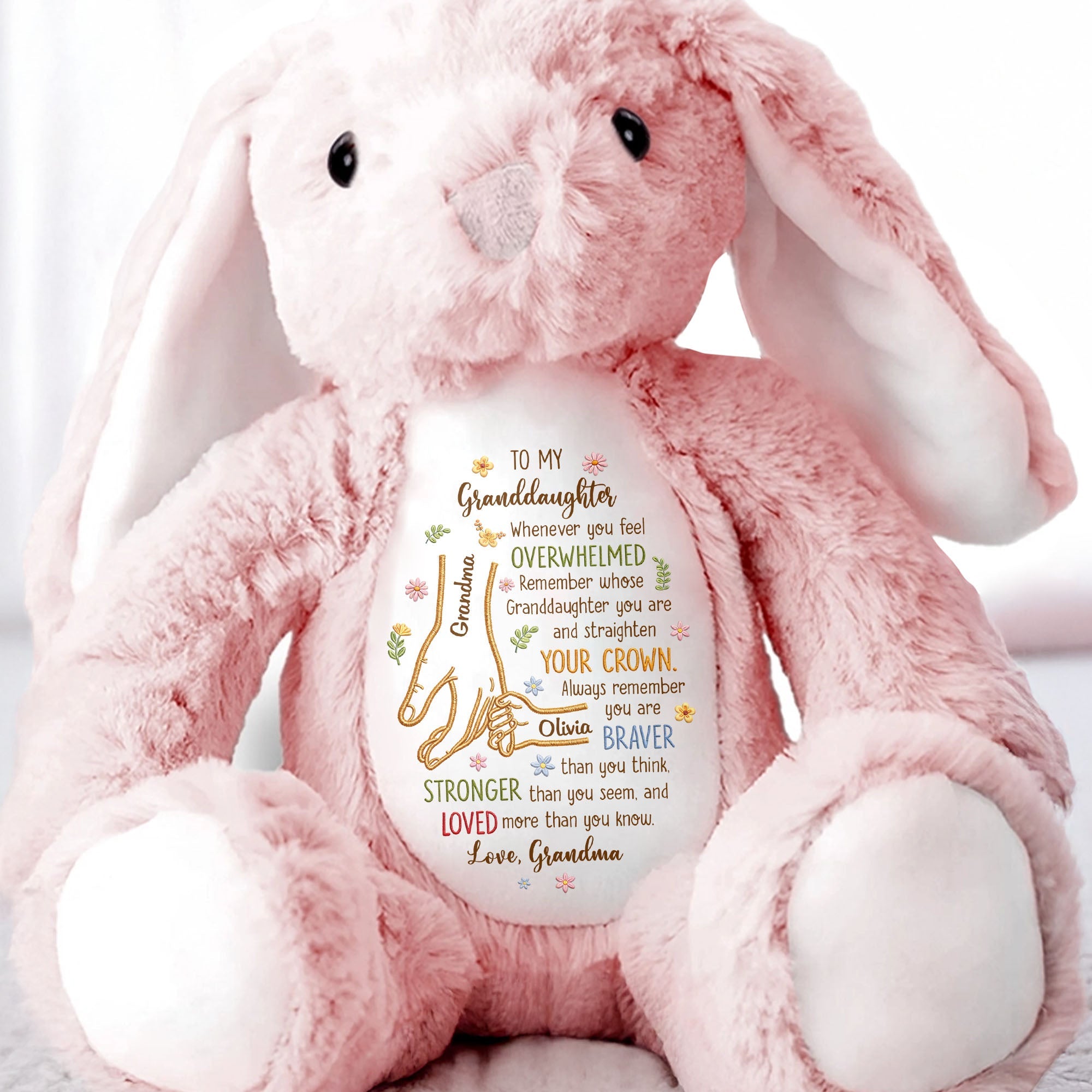 To My Granddaughter Whenever You Feel Overwhelmed Holding Hands Flowers - Personalized Stuffed Bunny - GDT637_BUN