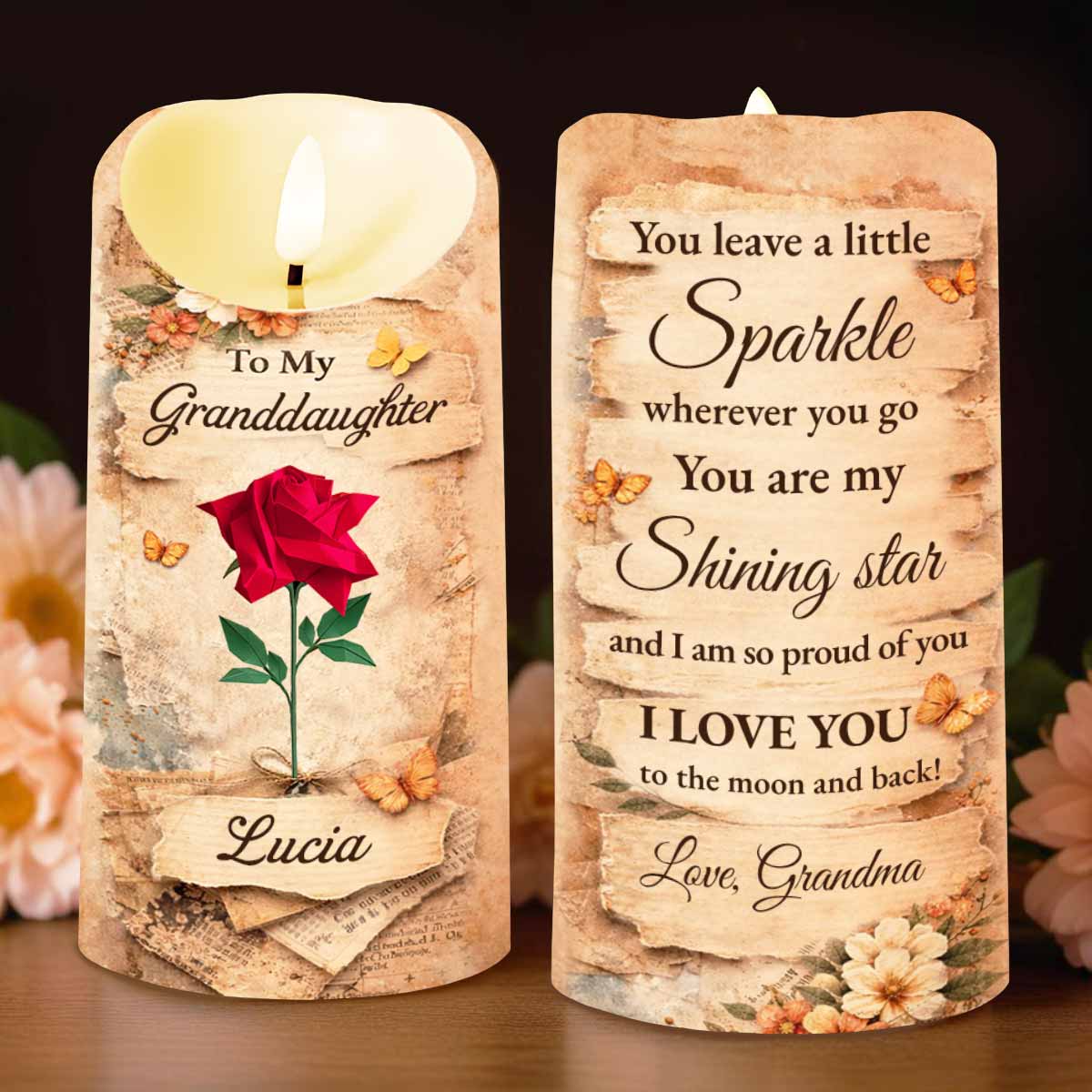 To My Granddaughter You Leave A Little Sparkle Rose And Butterfly Design - Personalized Custom LED Candle - GDT638_LECA