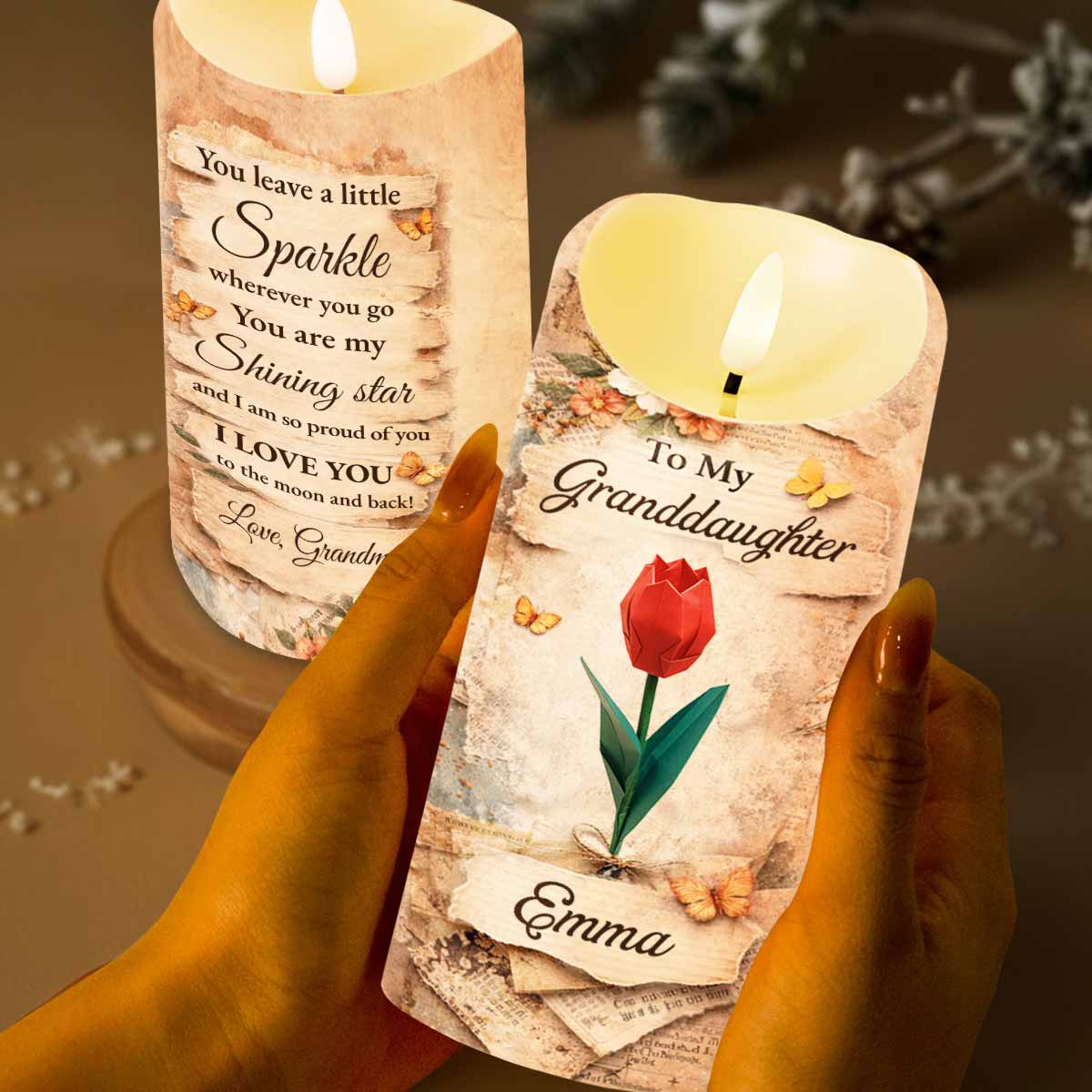 To My Granddaughter You Leave A Little Sparkle Rose And Butterfly Design - Personalized Custom LED Candle - GDT638_LECA