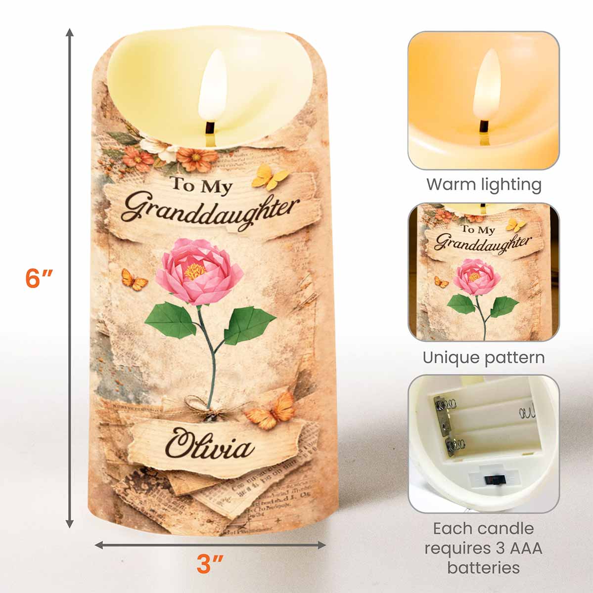 To My Granddaughter You Leave A Little Sparkle Rose And Butterfly Design - Personalized Custom LED Candle - GDT638_LECA