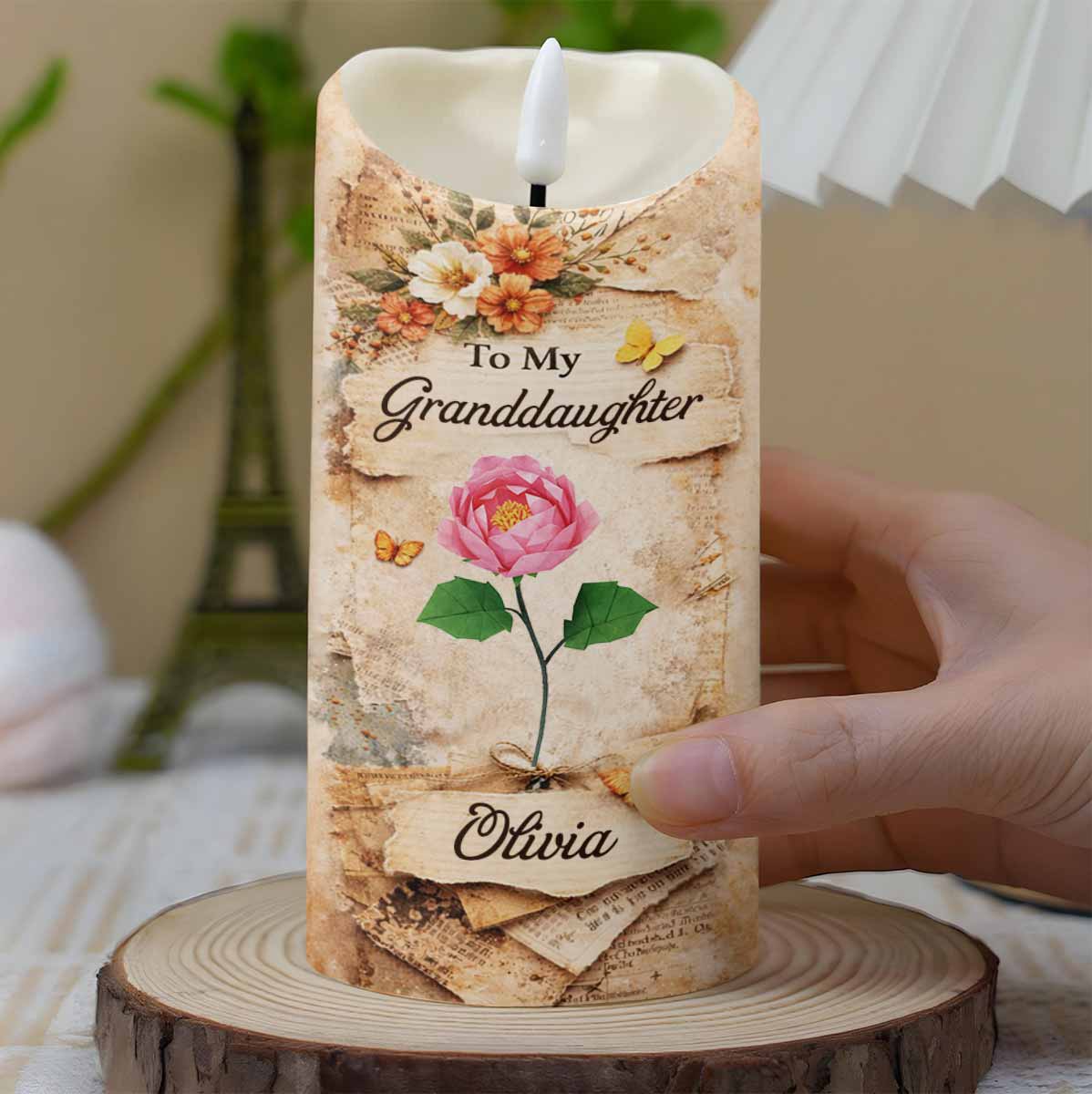 To My Granddaughter You Leave A Little Sparkle Rose And Butterfly Design - Personalized Custom LED Candle - GDT638_LECA