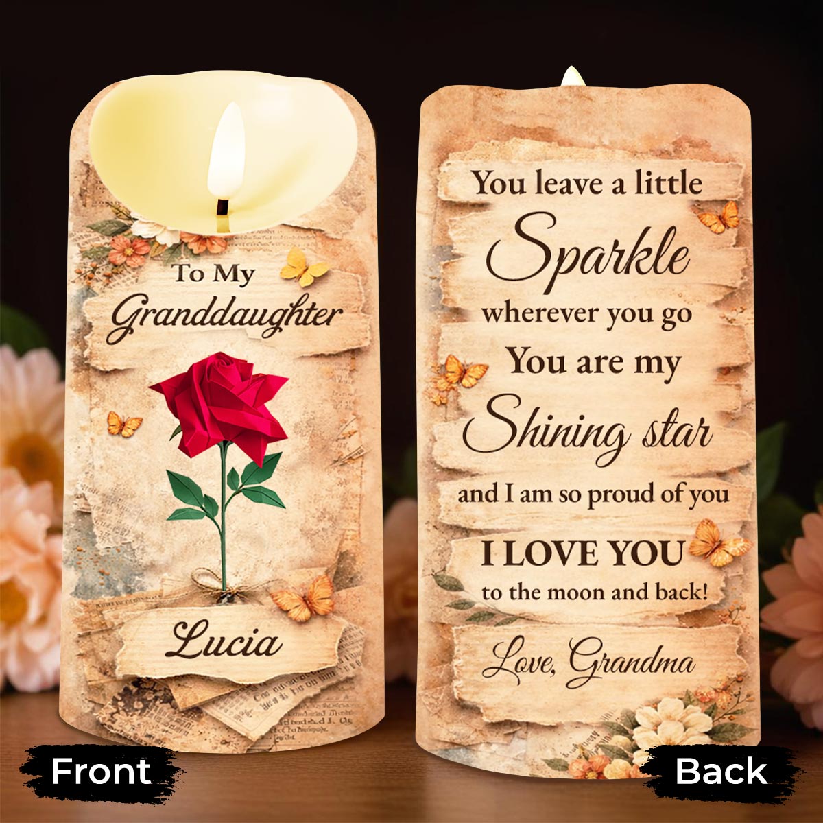 To My Granddaughter You Leave A Little Sparkle Rose And Butterfly Design - Personalized Custom LED Candle - GDT638_LECA