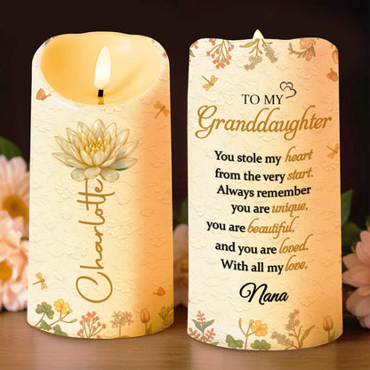 To My Granddaughter You Stole My Heart Custom Birth Month Flowers - Personalized Custom LED Candle - GDT639_LECA