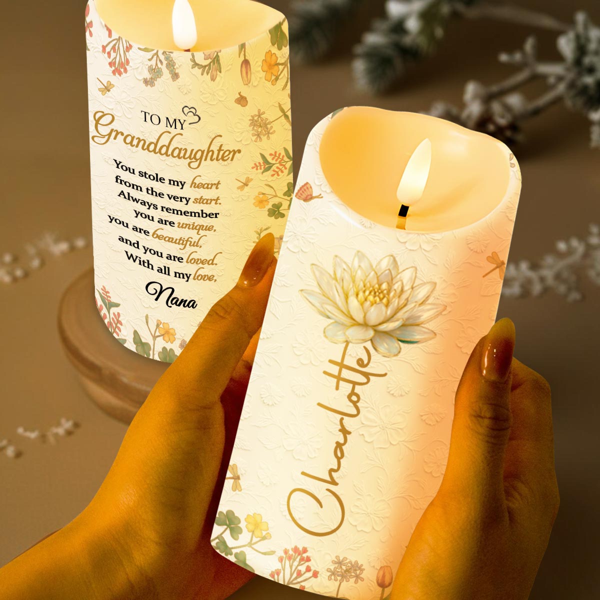 To My Granddaughter You Stole My Heart Custom Birth Month Flowers - Personalized Custom LED Candle - GDT639_LECA