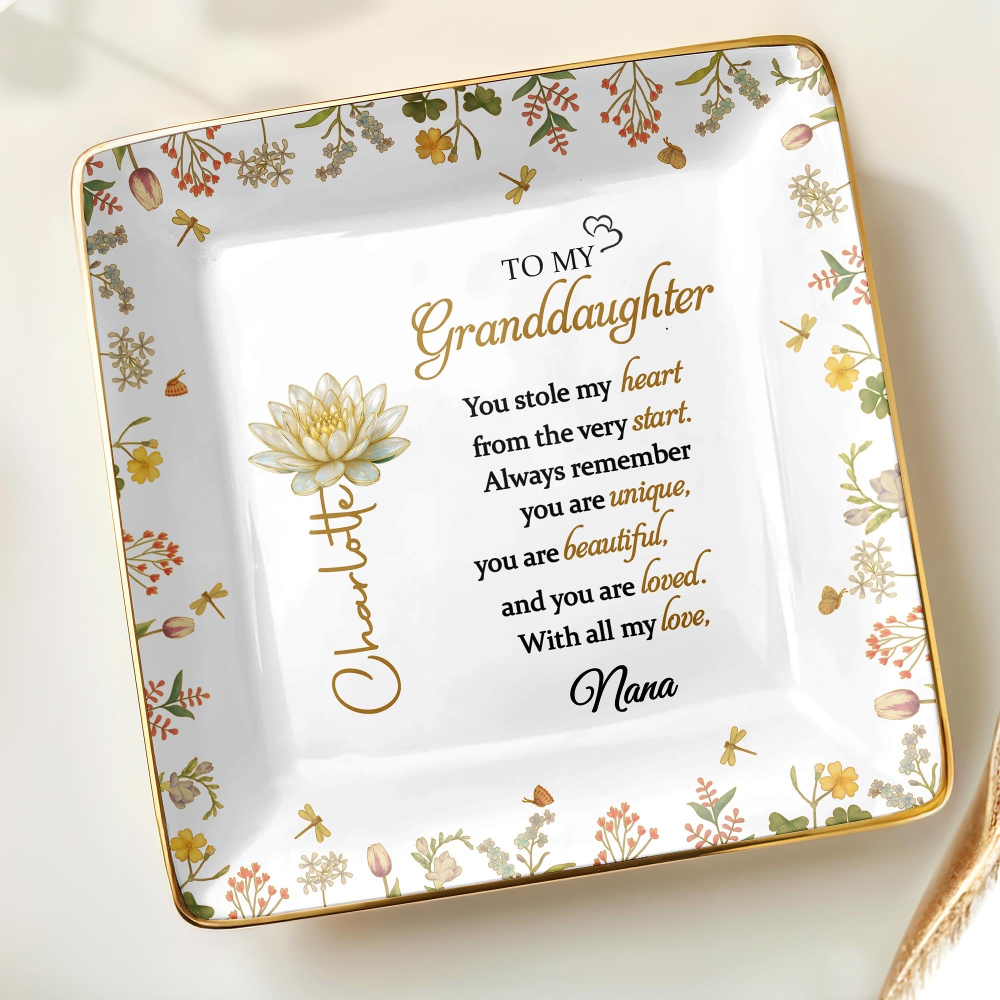 To My Granddaughter You Stole My Heart Lotus Flower Jewelry Dish - Personalized Custom Jewelry Dish, Ceramic Dish, Square Shape - GDT639_SCRF