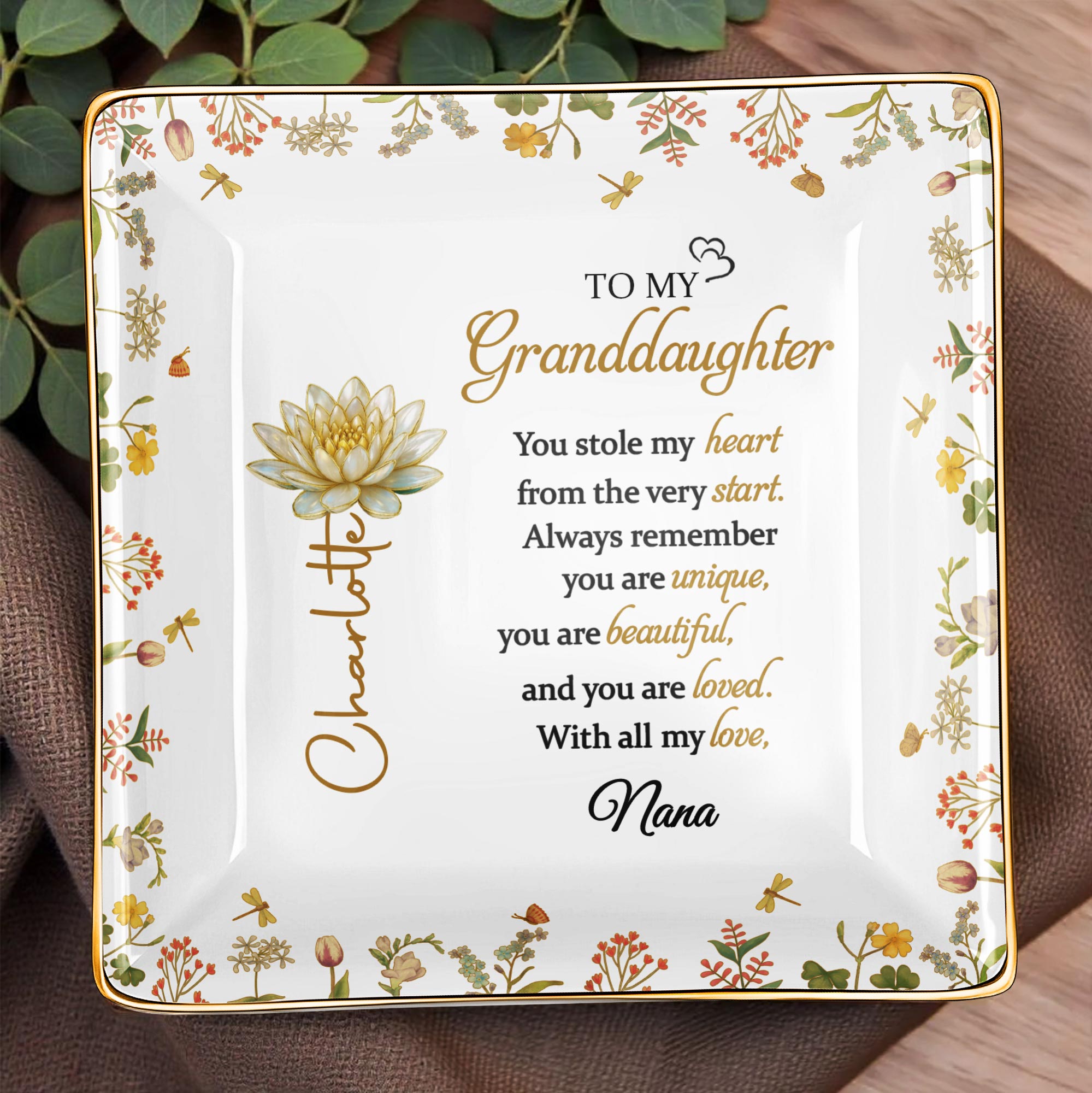 To My Granddaughter You Stole My Heart Lotus Flower Jewelry Dish - Personalized Custom Jewelry Dish, Ceramic Dish, Square Shape - GDT639_SCRF
