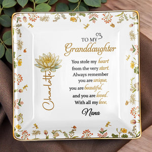 To My Granddaughter You Stole My Heart Lotus Flower Jewelry Dish - Personalized Custom Jewelry Dish, Ceramic Dish, Square Shape - GDT639_SCRF