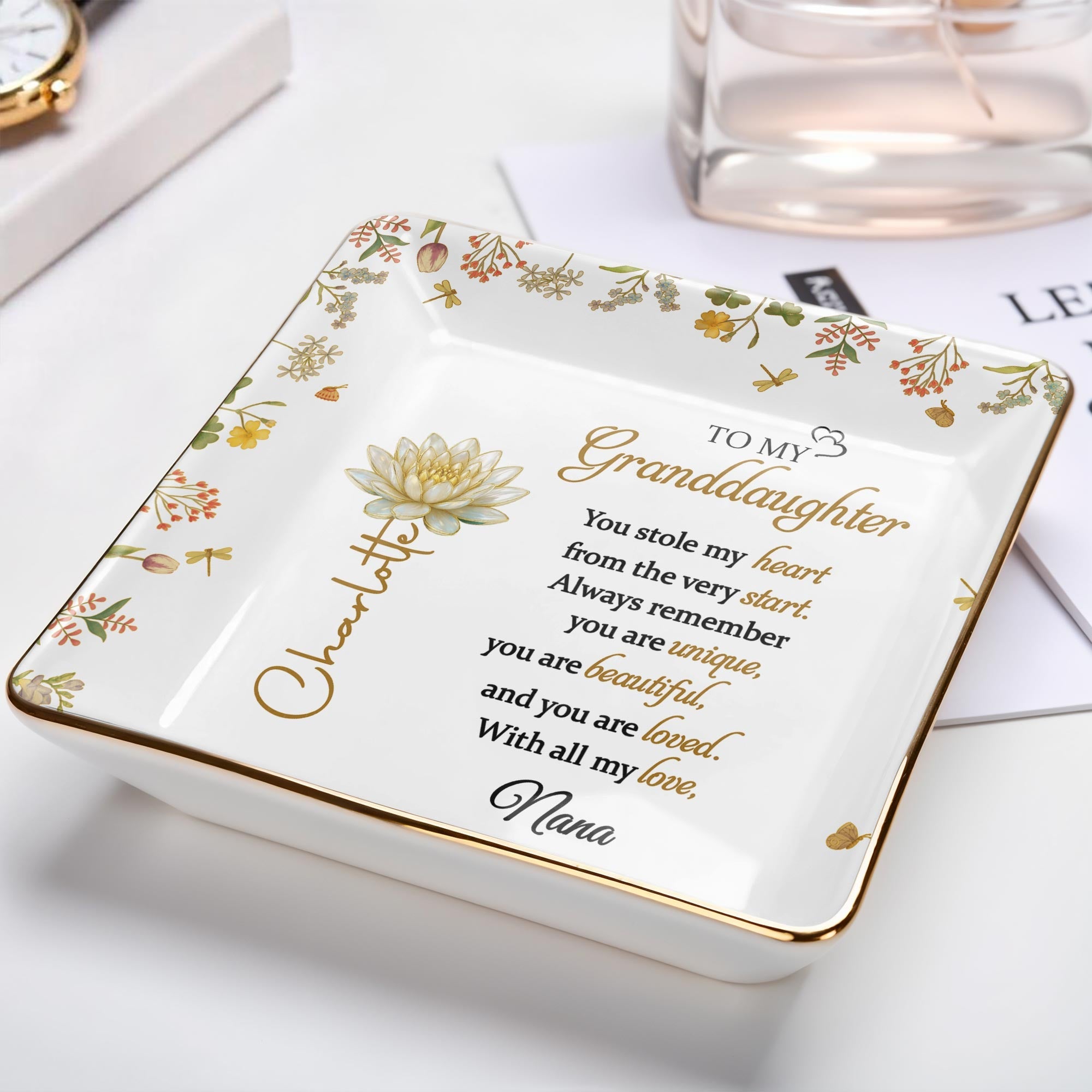 To My Granddaughter You Stole My Heart Lotus Flower Jewelry Dish - Personalized Custom Jewelry Dish, Ceramic Dish, Square Shape - GDT639_SCRF