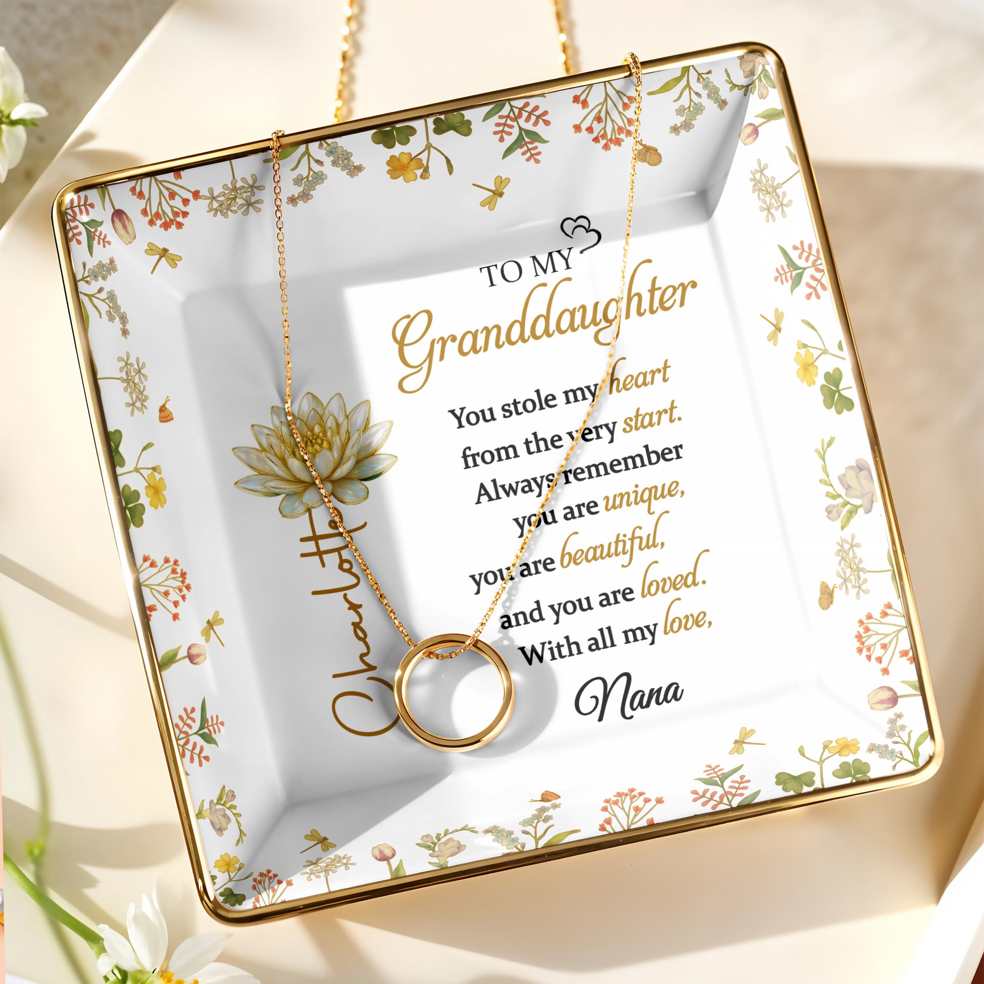 To My Granddaughter You Stole My Heart Lotus Flower Jewelry Dish - Personalized Custom Jewelry Dish, Ceramic Dish, Square Shape - GDT639_SCRF