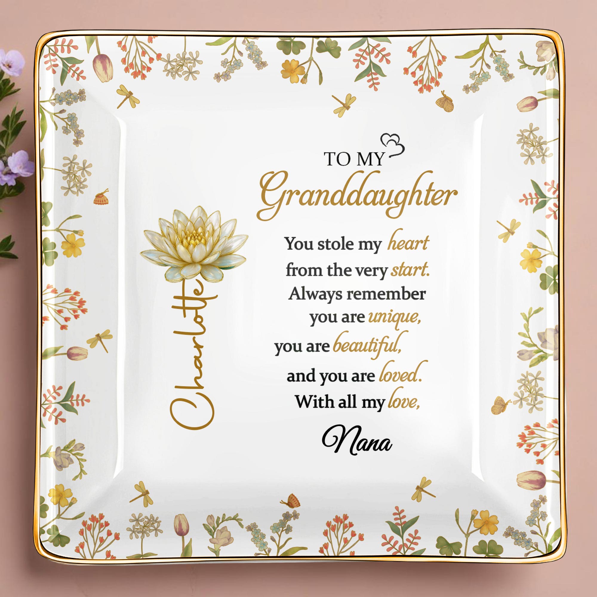 To My Granddaughter You Stole My Heart Lotus Flower Jewelry Dish - Personalized Custom Jewelry Dish, Ceramic Dish, Square Shape - GDT639_SCRF