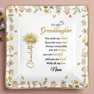 To My Granddaughter You Stole My Heart Lotus Flower Jewelry Dish - Personalized Custom Jewelry Dish, Ceramic Dish, Square Shape - GDT639_SCRF