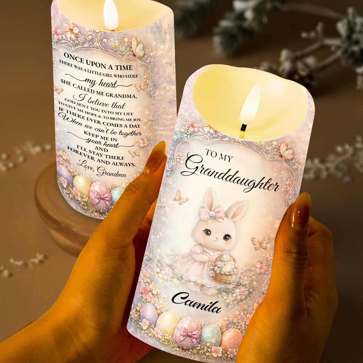 To My Granddaughter Once Upon A Time Bunny And Easter Eggs - Personalized Custom LED Candle - GDT643_LECA