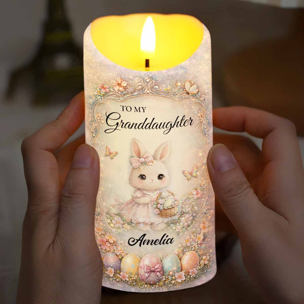 To My Granddaughter Once Upon A Time Bunny And Easter Eggs - Personalized Custom LED Candle - GDT643_LECA