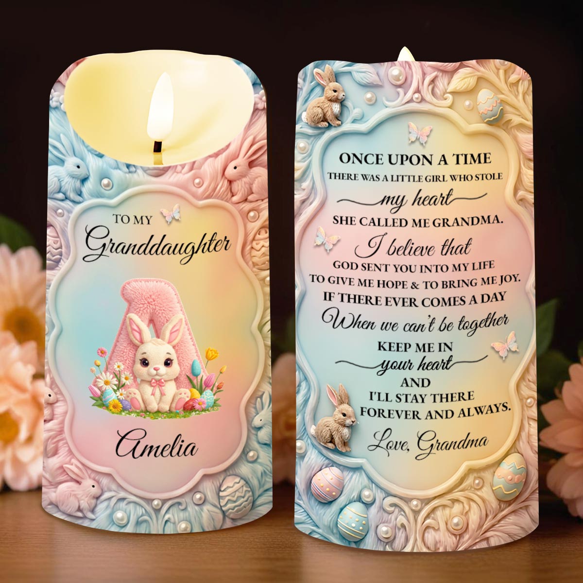 To My Granddaughter Once Upon A Time Bunny Rabbit Floral Initial - Personalized Custom LED Candle - GDT644_LECA