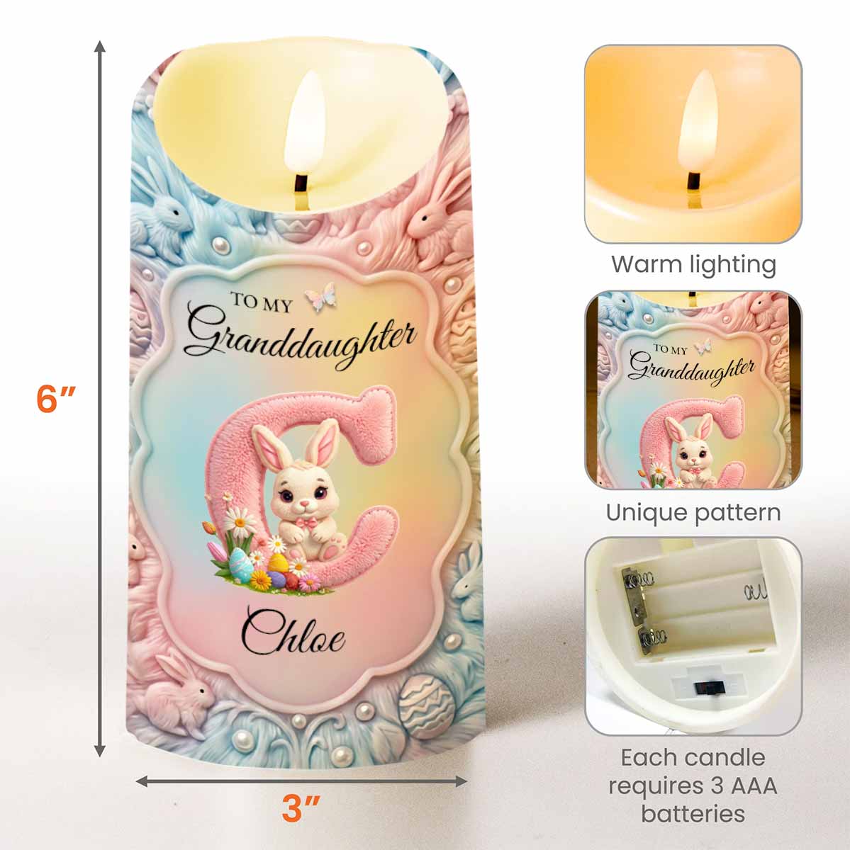 To My Granddaughter Once Upon A Time Bunny Rabbit Floral Initial - Personalized Custom LED Candle - GDT644_LECA