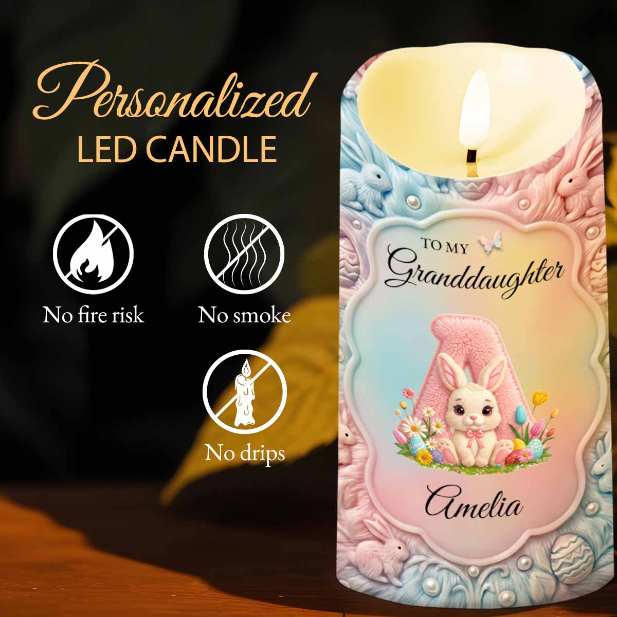 To My Granddaughter Once Upon A Time Bunny Rabbit Floral Initial - Personalized Custom LED Candle - GDT644_LECA