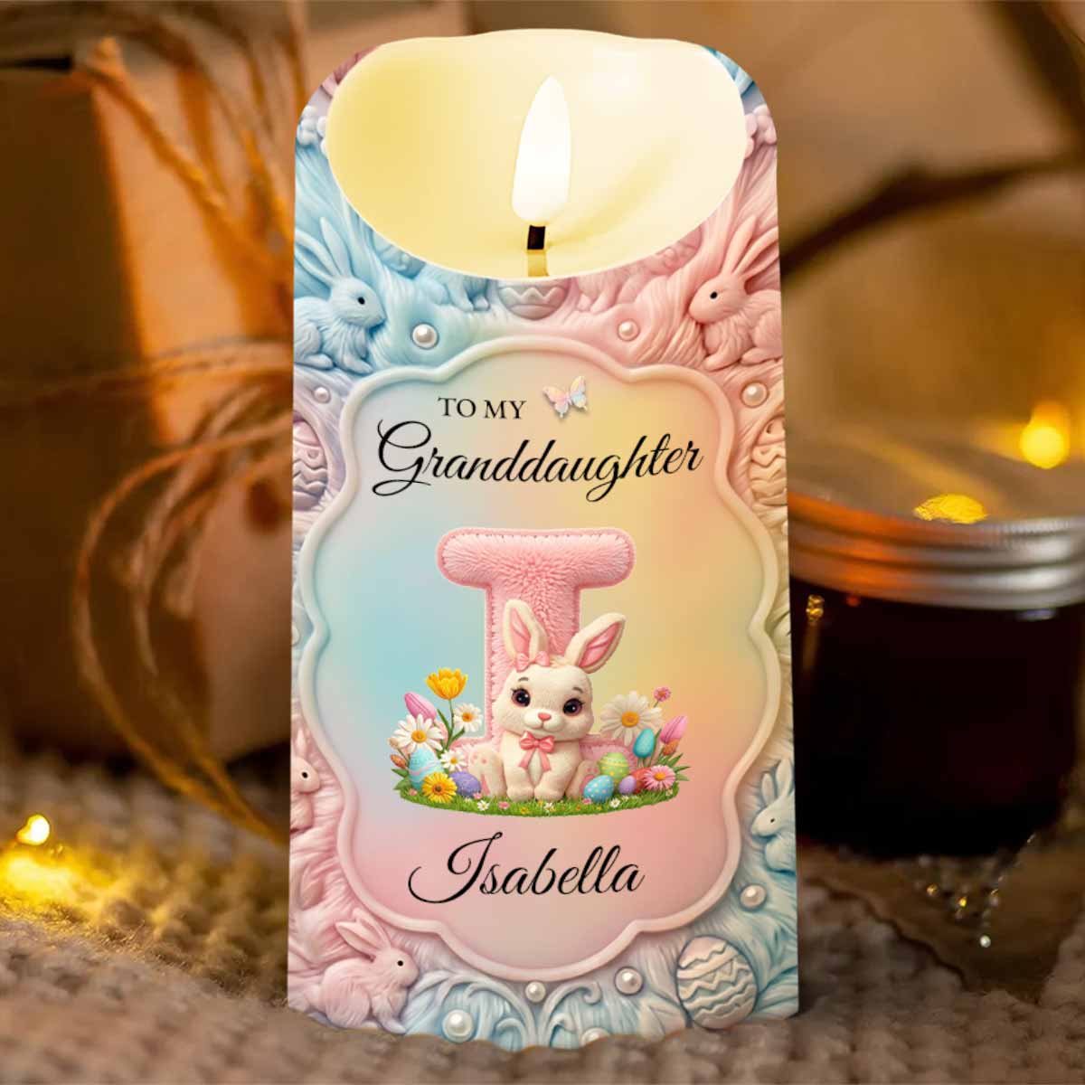 To My Granddaughter Once Upon A Time Bunny Rabbit Floral Initial - Personalized Custom LED Candle - GDT644_LECA