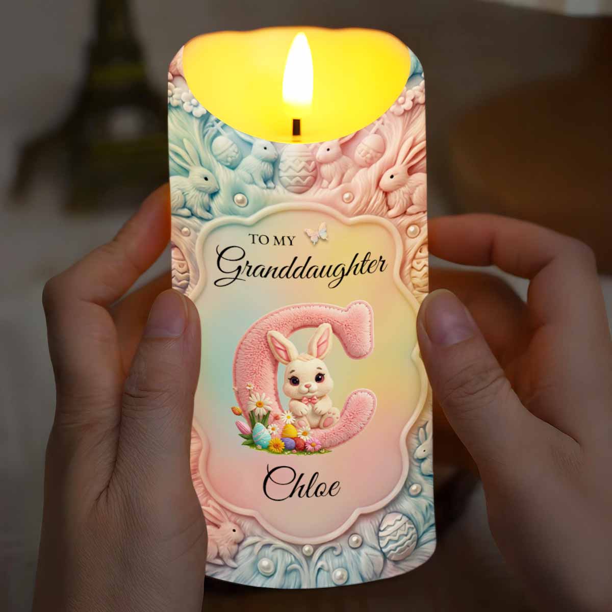 To My Granddaughter Once Upon A Time Bunny Rabbit Floral Initial - Personalized Custom LED Candle - GDT644_LECA