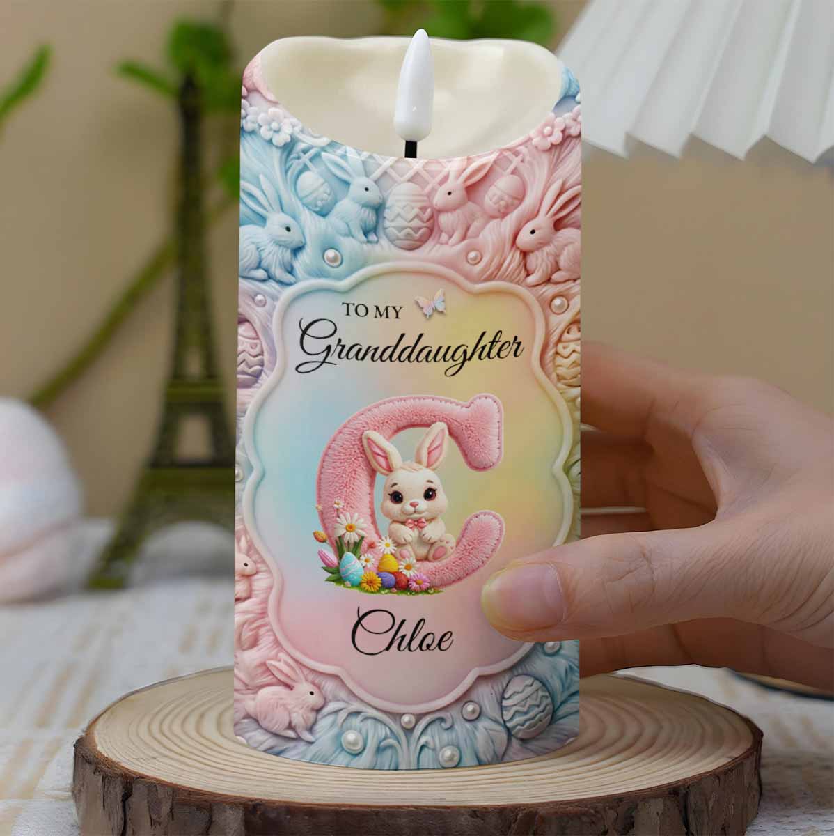 To My Granddaughter Once Upon A Time Bunny Rabbit Floral Initial - Personalized Custom LED Candle - GDT644_LECA