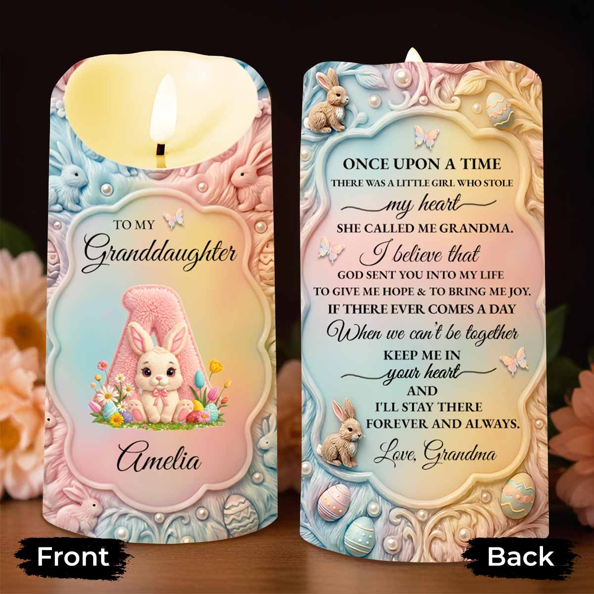 To My Granddaughter Once Upon A Time Bunny Rabbit Floral Initial - Personalized Custom LED Candle - GDT644_LECA