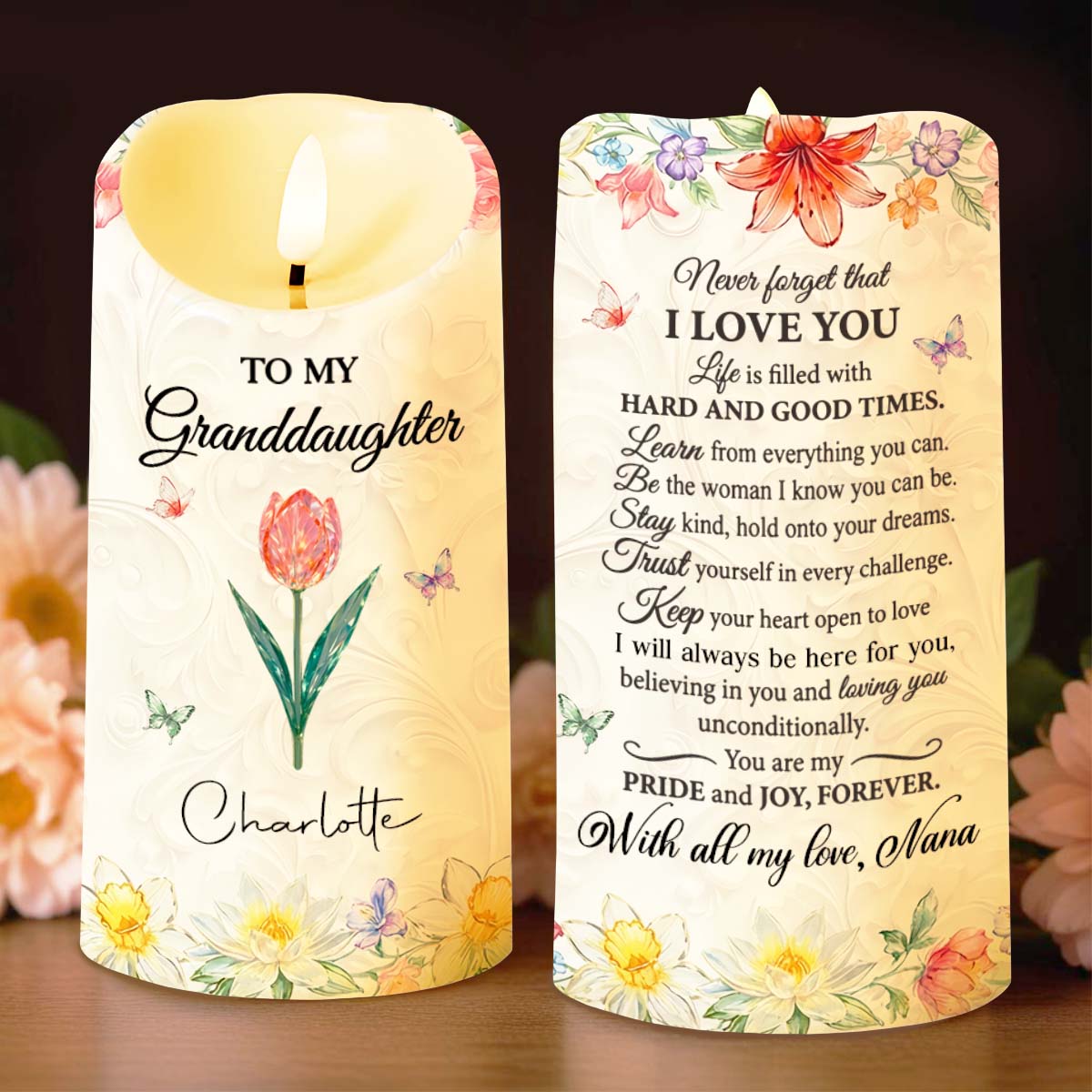 To My Granddaughter Never Forget That I Love You Floral Butterfly Design - Personalized Custom LED Candle - GDT645_LECA