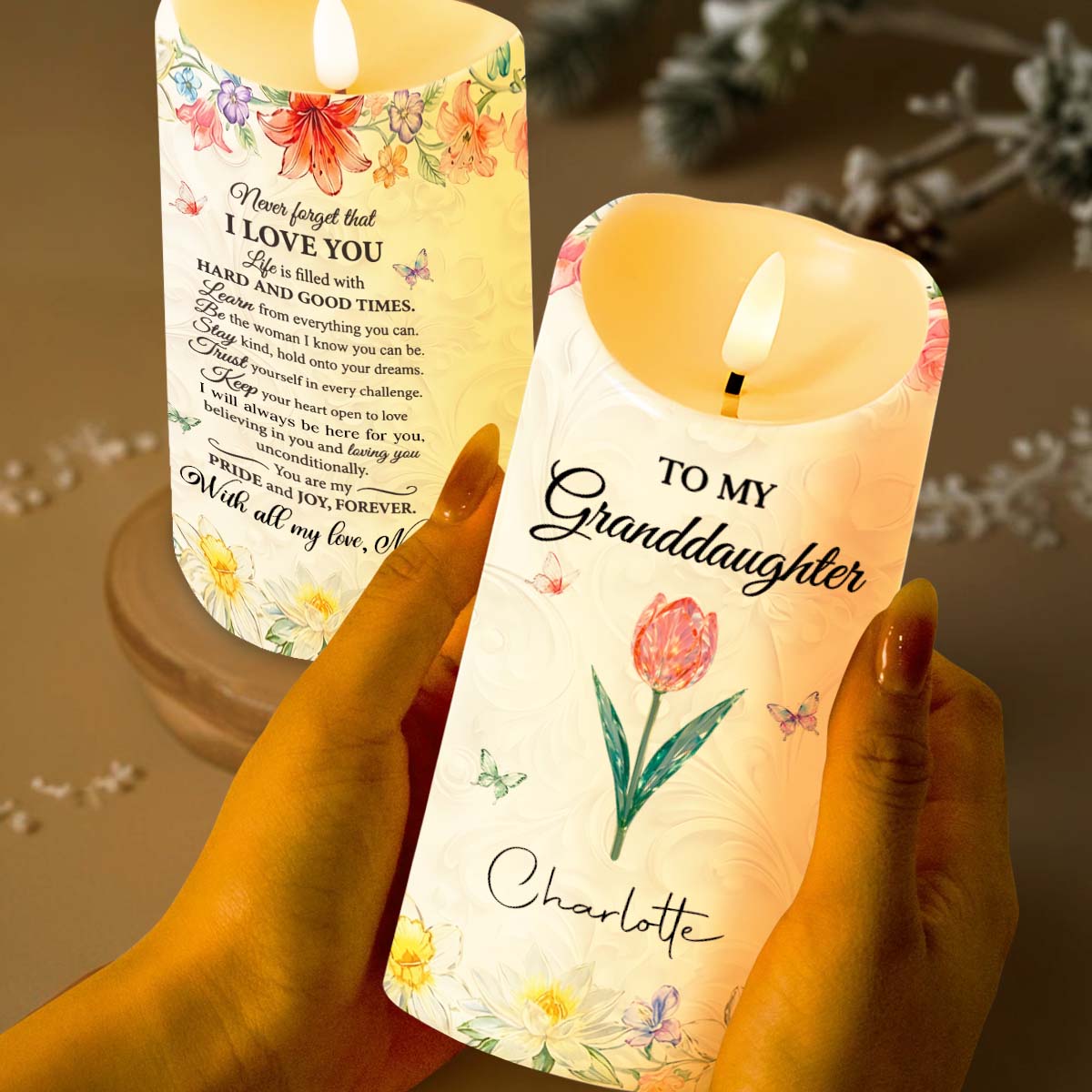 To My Granddaughter Never Forget That I Love You Floral Butterfly Design - Personalized Custom LED Candle - GDT645_LECA
