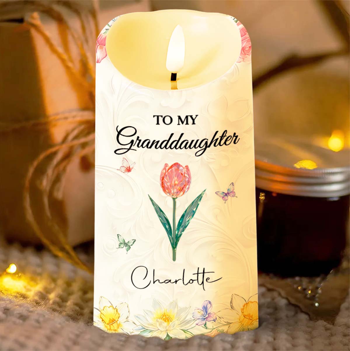 To My Granddaughter Never Forget That I Love You Floral Butterfly Design - Personalized Custom LED Candle - GDT645_LECA