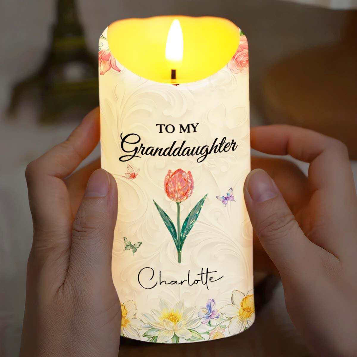 To My Granddaughter Never Forget That I Love You Floral Butterfly Design - Personalized Custom LED Candle - GDT645_LECA
