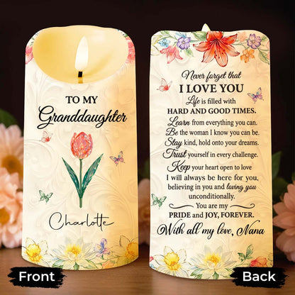 To My Granddaughter Never Forget That I Love You Floral Butterfly Design - Personalized Custom LED Candle - GDT645_LECA